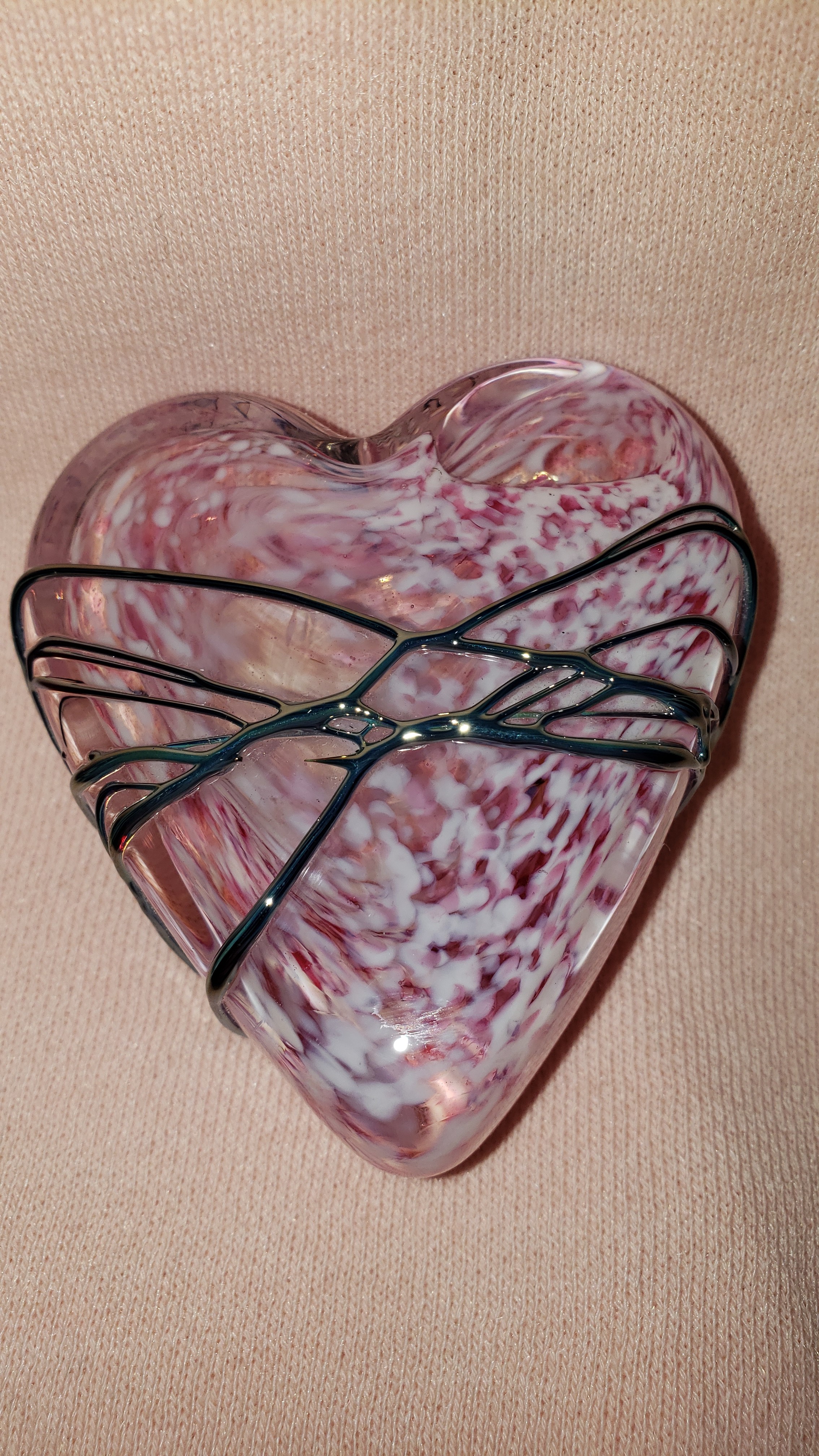 Speckled Pink and White Glass Heart Paperweight w/ Silver Drizzle - by David Salazar As Seen In...